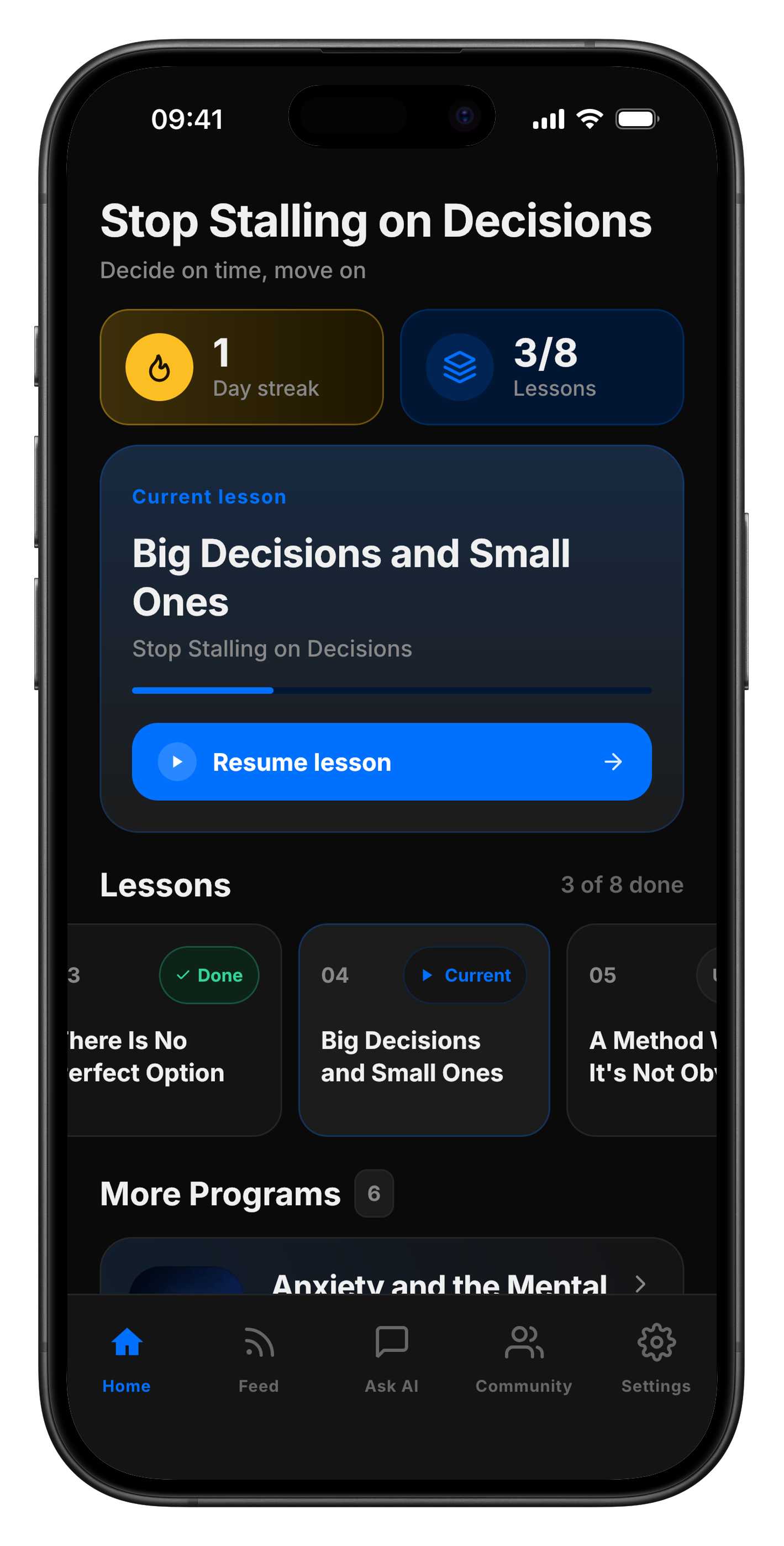 Comeback app screen showing the Stop Stalling on Decisions course